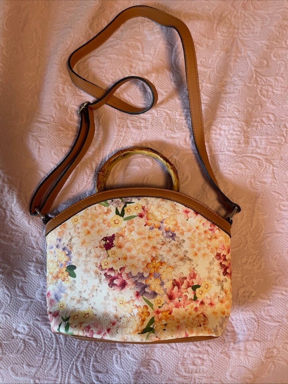 Dana Buchman Crossbody Handles Bag Floral and Tan Bamboo Handles - Picture 1 of 9